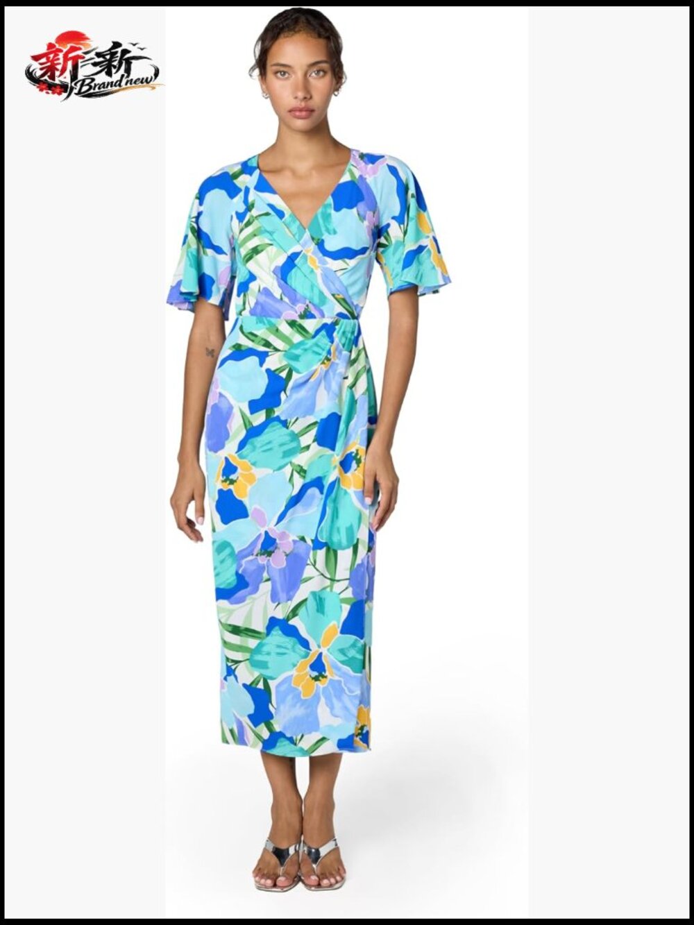 Women's Flutter Sleeve Faux Wrap Midi Dress - V-Neck Floral Sheath